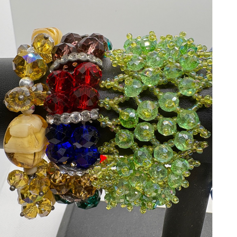 Lot of 5 Beaded Stretch Bracelets Crystal Glass Stone Cross Charm Multi Color - Picture 2 of 9